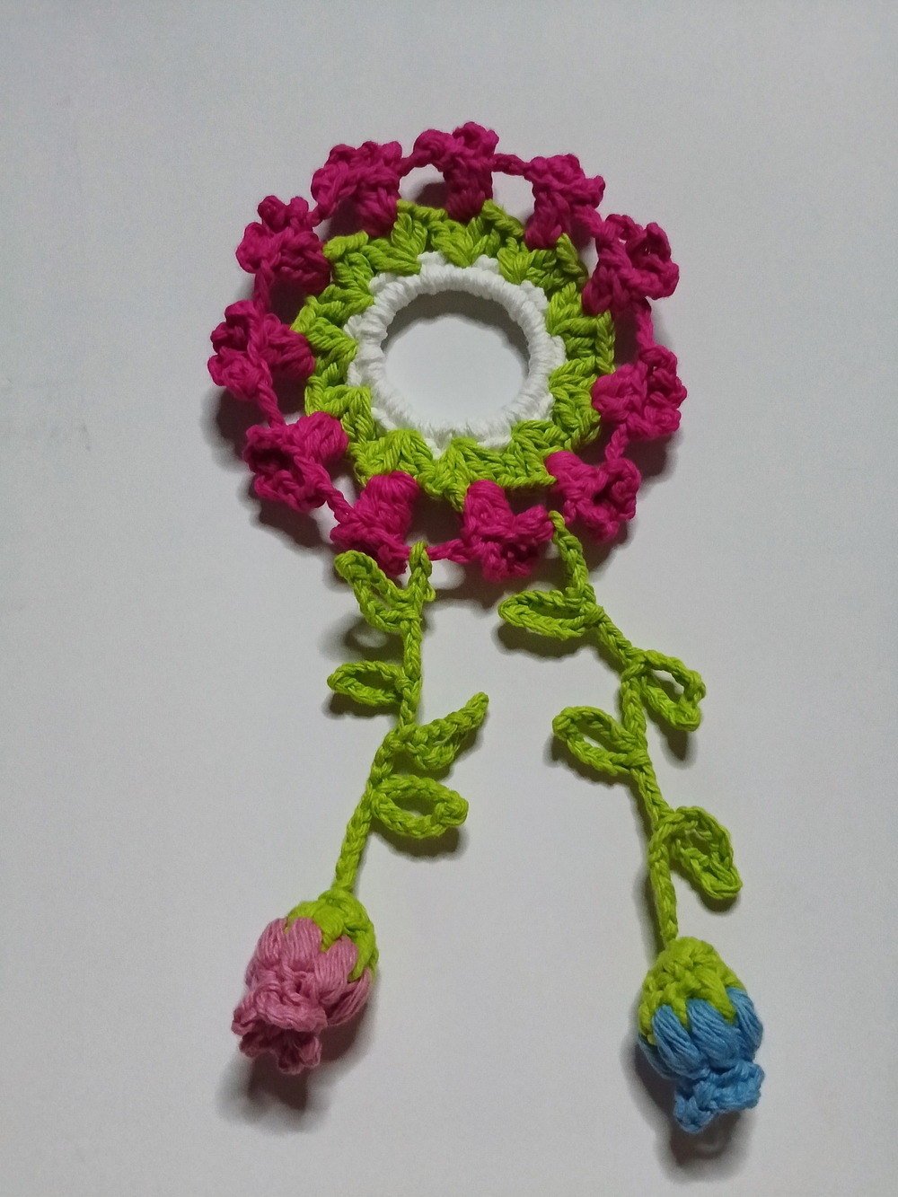 Handmade Crochet Floral Hair Tie in Pink, Lime Green & Blue. 100% Cotton